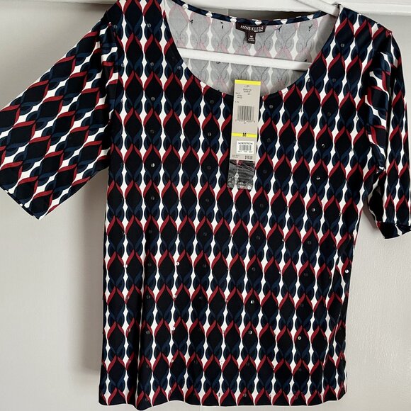 Anne Klein New York Silk Print Short Sleeve Stretch Top Size M Red Blue Sequins - Picture 4 of 15